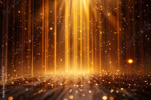 Background of an award ceremony including light and golden shapes. AI-generated