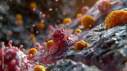 This detailed illustration depicts the immune system's response to a viral infection, highlighting the activity of immune cells. © Rattanathip