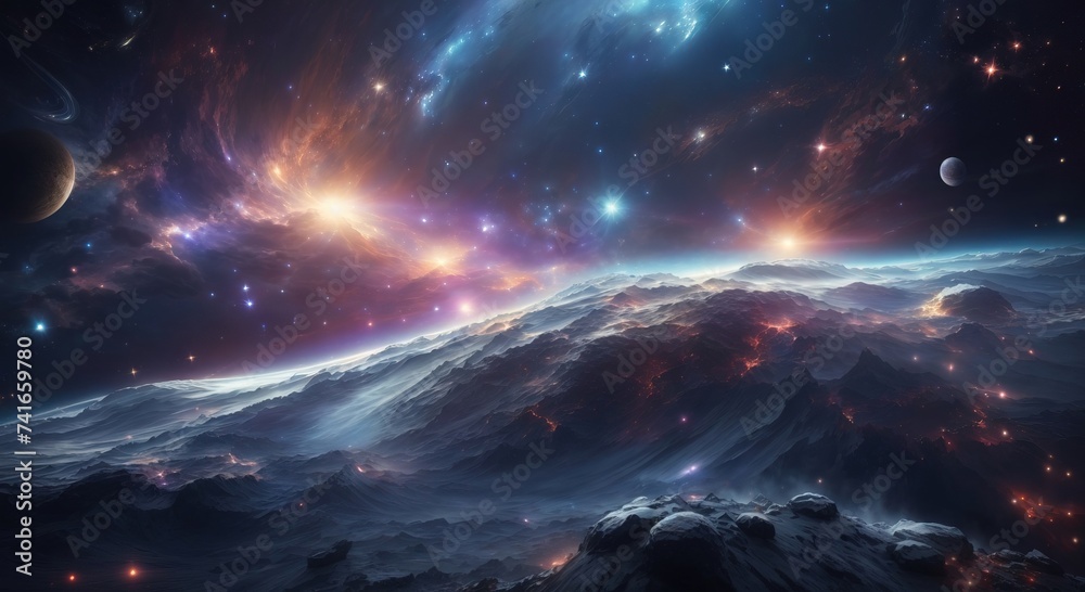 Outer space landscape with waves of energy light and a cinematic background