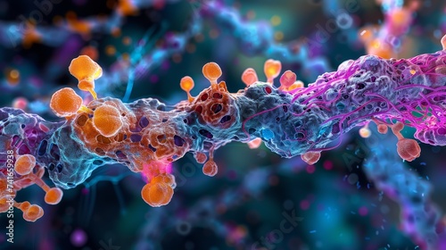 3D visualization of neural synapse transmission featuring dendrites and signaling molecules in a colorful display. © Rattanathip