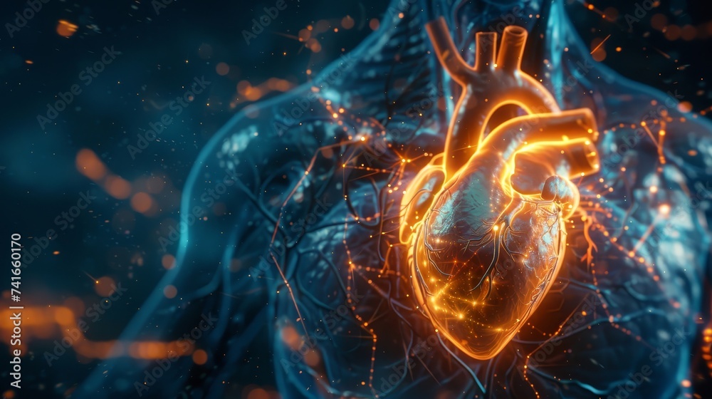 Anatomical illustration of the human heart with a glowing cardiovascular network, emphasizing the complex system of arteries and veins. - obrazy, fototapety, plakaty 