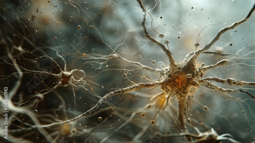 Macro detail of a neuron cell with extended dendrites and synaptic connections, highlighting the complexity of neural communication. © Rattanathip