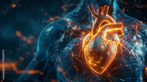 Anatomical illustration of the human heart with a glowing cardiovascular network, emphasizing the complex system of arteries and veins.