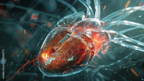 This image presents a sophisticated visualization of the human heart's electrophysiology, highlighting a pacemaker's role in regulating heartbeat. photo