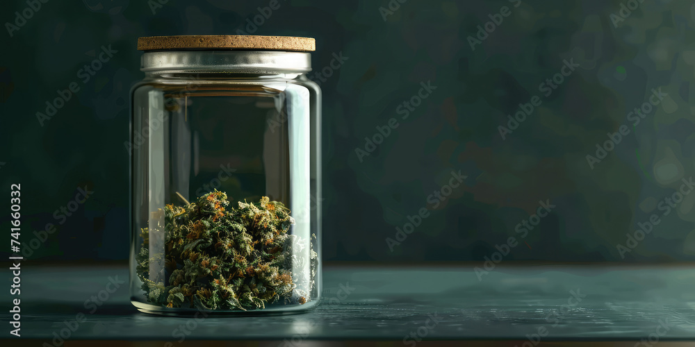 Herbal Preservation Dried cannabis hemp buds in Glass Jar. Close-up of a sealed jar filled with green herbs on a table background with copy space. - obrazy, fototapety, plakaty 