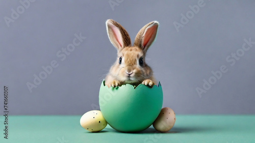 Cute Easter bunny hatching from green Easter egg © triocean