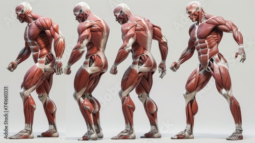 Sequential poses of a human figure showcasing muscle anatomy, perfect for educational and medical study purposes. photo