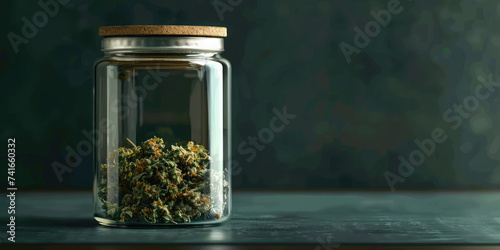 Herbal Preservation Dried cannabis hemp buds in Glass Jar. Close-up of a sealed jar filled with green herbs on a table background with copy space. photo