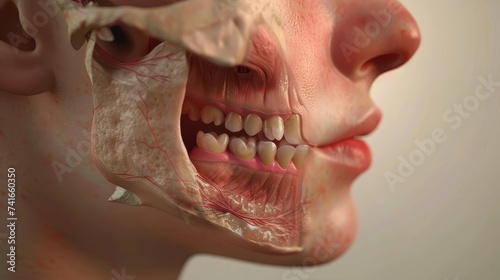 A highly detailed close-up view of the human lower facial anatomy, showcasing teeth, muscles, and blood vessels. photo