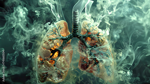 Human lungs corroded by tobacco smoke coming from inside