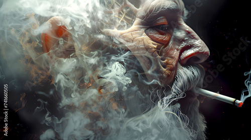 Older man being consumed by smoke from the cigarette he is smoking