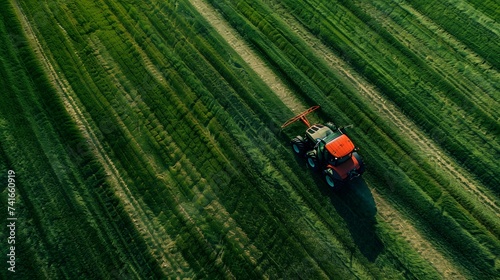Tractor mowing green field, aerial view. Aerial view of a Tractor fertilizing a cultivated agricultural field.
