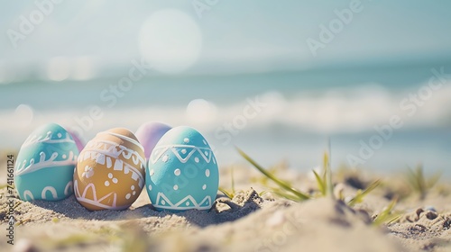 Happy easter background with eggs on the sandy beach photo