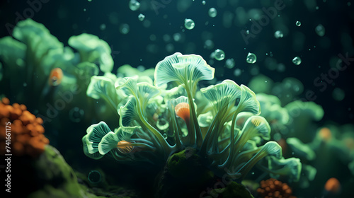 Beautiful undersea tropical fluorescent sea anemone on deep sea coral reef