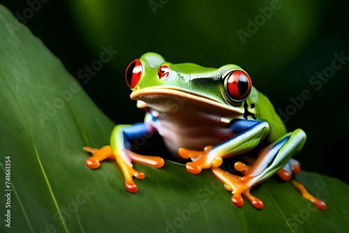 Portrait of a Red-eyed tree frog (Agalychnis callidrya) on a leaf, Indonesia photo