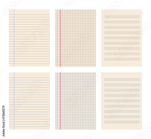 Set of notebook sheets with margins. Ruled, chequered, and music notebook sheets. Isolated on transparent background