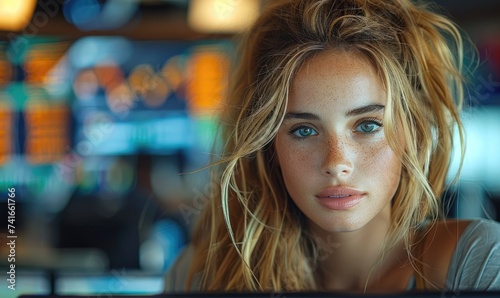 A female trader working on ...
