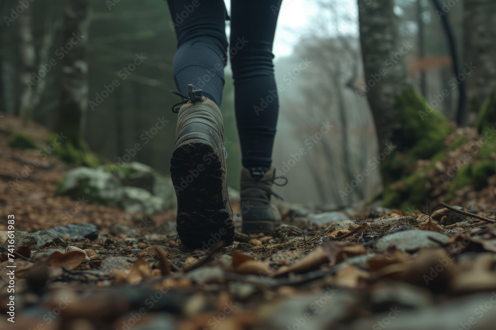 Male hiker in mountain, Back view of traveler boots walking in forest, Adventures in nature, active recreation.