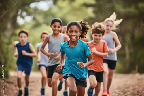 Happy children running together. Group of joyful kids enjoying run. Diverse children competing in running race photo