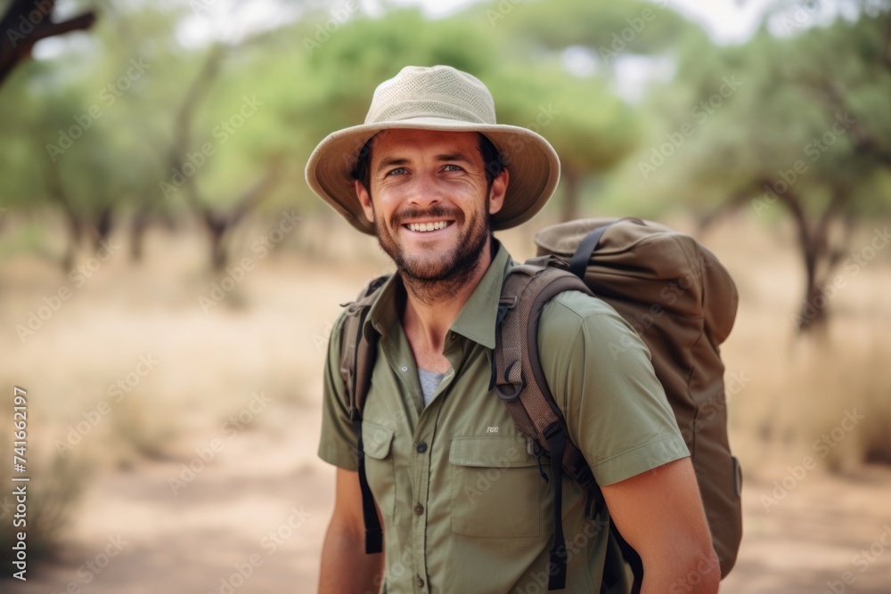 Portrait of a smiling man with a backpack looking at camera in the countryside