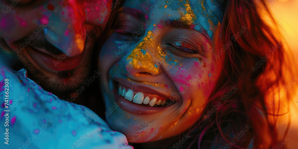 Joyful Embrace at Holi Festival. Close-up of a smiling hugging young couple covered in vibrant Holi colorful powder colors.