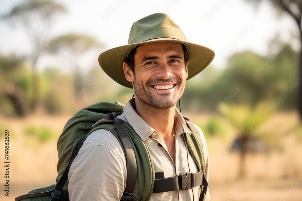 Portrait of a happy male hiker smiling at camera in the countryside