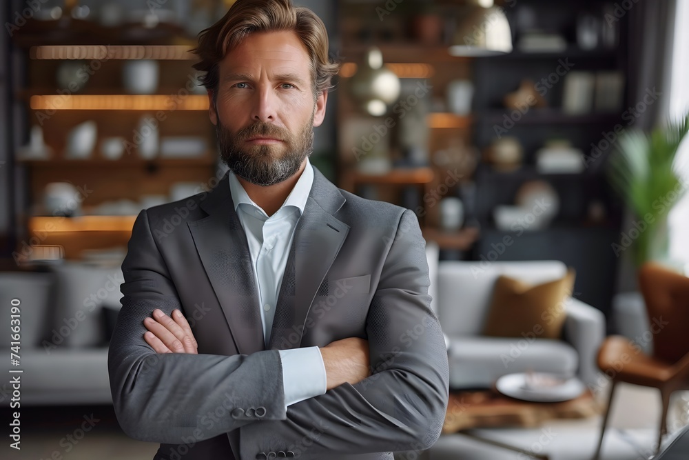 A confident Hispanic businessman stands with crossed arms in a modern office A confident Hispanic businessman stands with crossed arms in a modern office