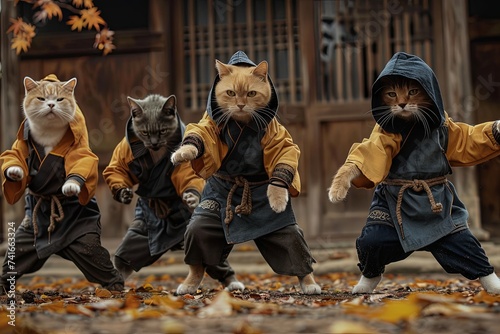 a team of ninja cats stealthily infiltrating a rival dog clan's dojo to steal the ancient Scroll of Feline Wisdom, employing acrobatic moves and deadly precision to outsmart their canine adversaries
