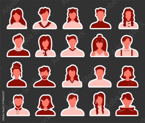 People face avatars. Sticker Bookmark. Unknown or anonymous person. Different human profile. Hand drawn style. Vector drawing. Collection of design elements.