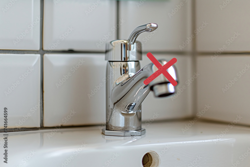 The water tap is crossed out with a red cross, symbolizing the lack of water in the world and saving water The water tap is crossed out with a red cross, symbolizing the lack of water in the world and saving water