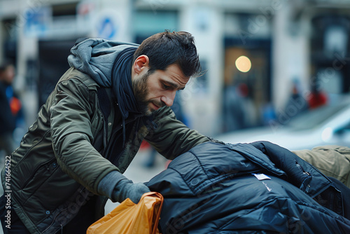 A homeless man chooses clothes for the poor, helping people without money photo