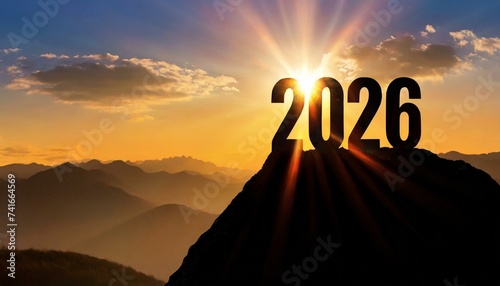 Year 2026, concept. New Year 2026 at sunset. Silhouette 2026 stands on a mountain with sun rays at sunrise, creative idea.