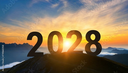 Year 2028, concept. New Year 2028 at sunset. Silhouette 2028 stands on a mountain with sun rays at sunrise, creative idea