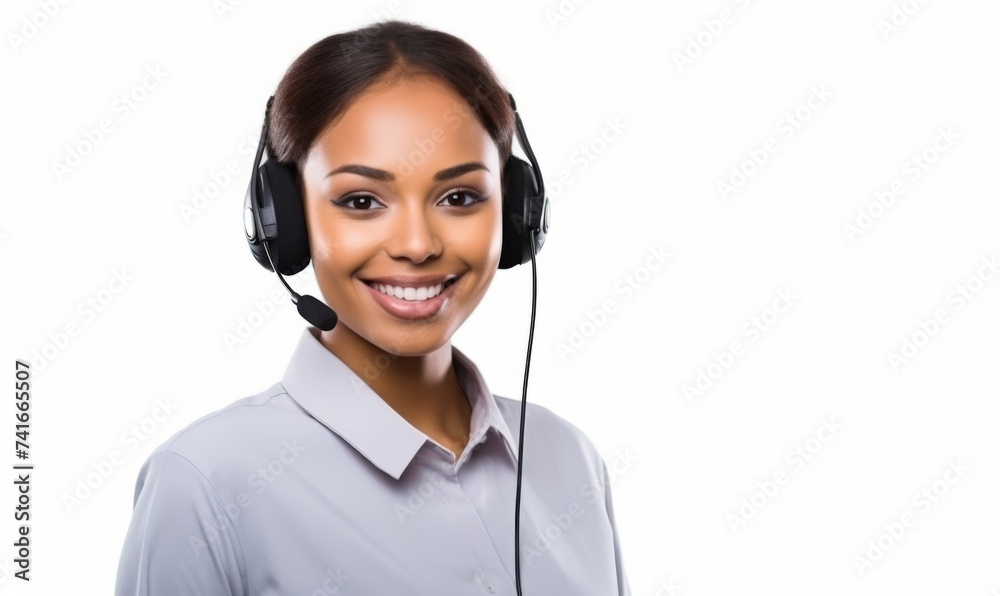 Smiling customer support agent with headset against white background. Smiling customer support agent with headset against white background.