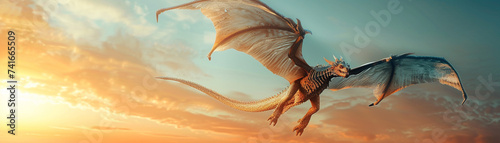 Android dragon with virtual wings soft lighting flying in a simulated sky ready for stock photo use photo