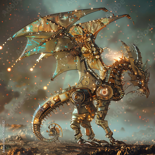 Mechanical dragon with solar sails soft light harnessing stellar winds ready for epic stock photography