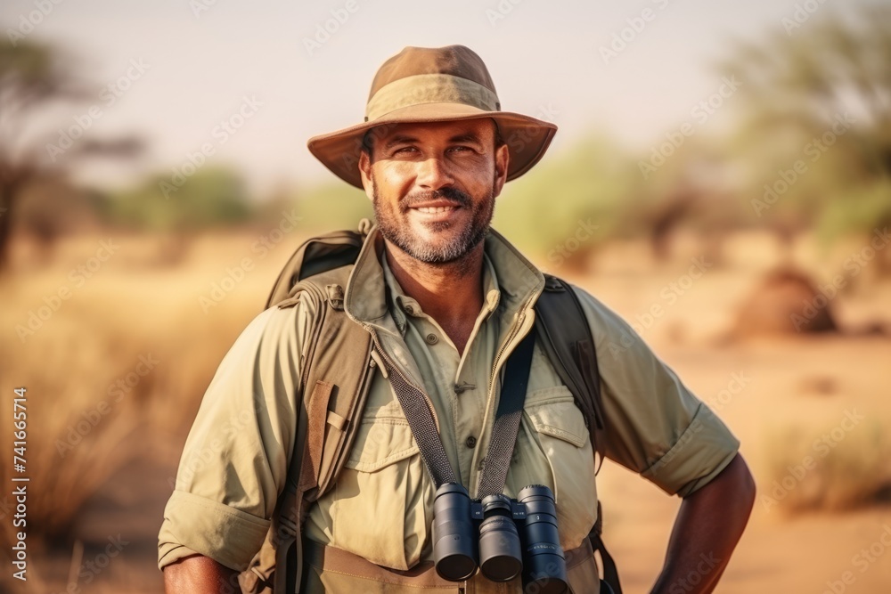 Portrait of a happy hunter with binoculars in the savannah