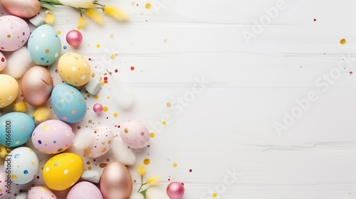 Easter Whimsy: Pastel Painted Eggs and Delicate Spring Blossoms on a White Surface