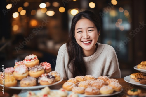 Cheerful young woman enjoying a selection of colorful donuts.