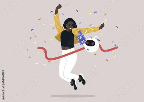 Jubilant Girl Crossing the Finish Line With a Smiling electronic companion, a cheerful young character leaps over a red ribbon with a robot at her side amid a shower of confetti