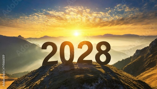 Year 2028, concept. New Year 2028 at sunset. Silhouette 2028 stands on a mountain with sun rays at sunrise, creative idea. 
