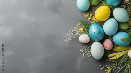 Springtime Celebrations: Colorful Easter Eggs and Blooms on Neutral Backdrop