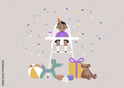 Toddlers Joyful Birthday Celebration With Colorful Confetti, A delighted kid sits on a highchair amidst a festive array of toys and decorations