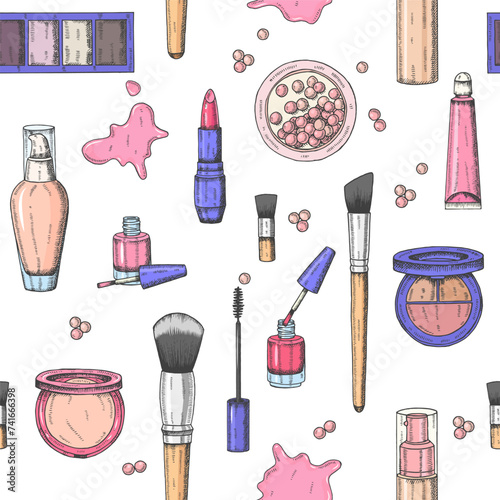 Make up colored seamless pattern.Engraving cosmetics.