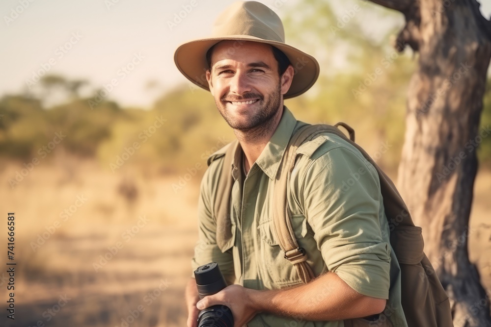 Portrait of a happy young man with backpack and camera in the countryside