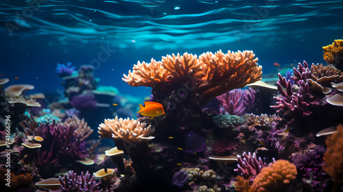 Beautiful undersea tropical fluorescent sea anemone on deep sea coral reef