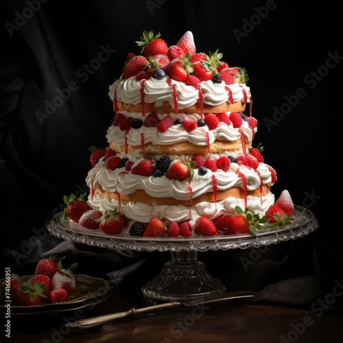 Cake with fresh strawberries on glass table