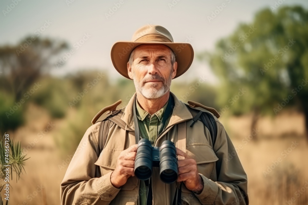 Portrait of senior man with binoculars in the countryside.