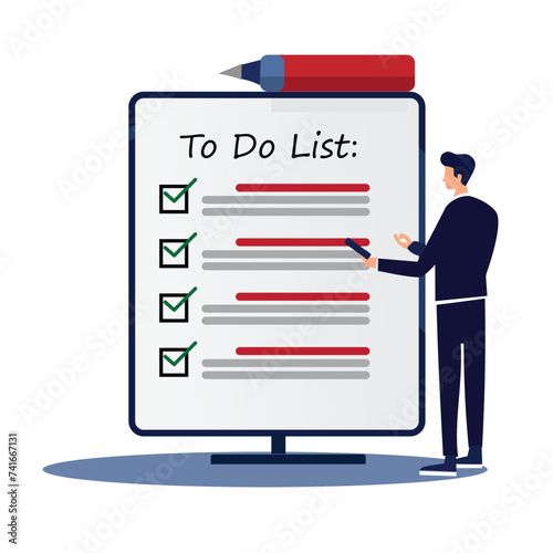 To-do list everything done. time management completed tasks concept. clipboard with checklist on board with a man filling to-do list vector illustration. 