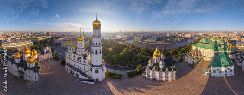Aerial panoramic view of Orthodox churches inside the Moscow Kremlin, Moscow downtown, Moscow Oblast, Russia. photo